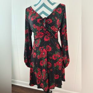 NWT Free People Black&White Polka Dot Floral Dress, Fully Lined, Side Zip Sz 12